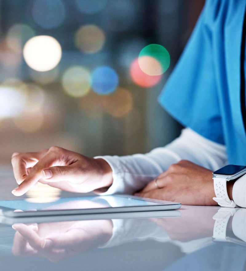 healthcare-tablet-and-hands-of-nurse-working-onli-2023-02-03-02-08-48-utc Healthcare, tablet and hands of nurse working online for medical research, planning and schedule in.